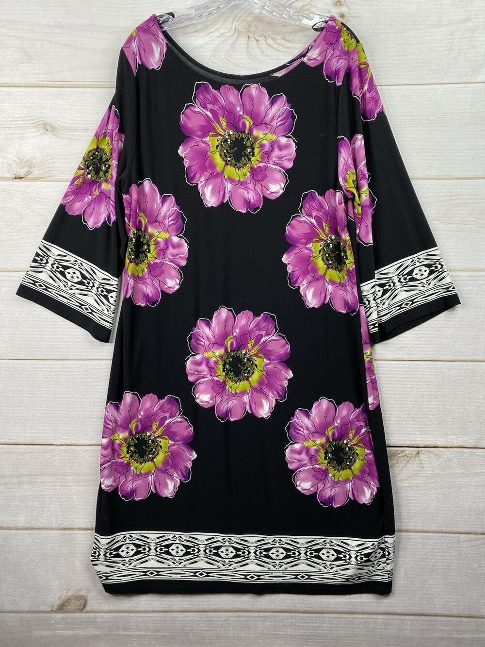Voir Voir Dress Sz 18 Black Floral Boat neck 3/4 Sleeve Stretch Liquid Knit Midi